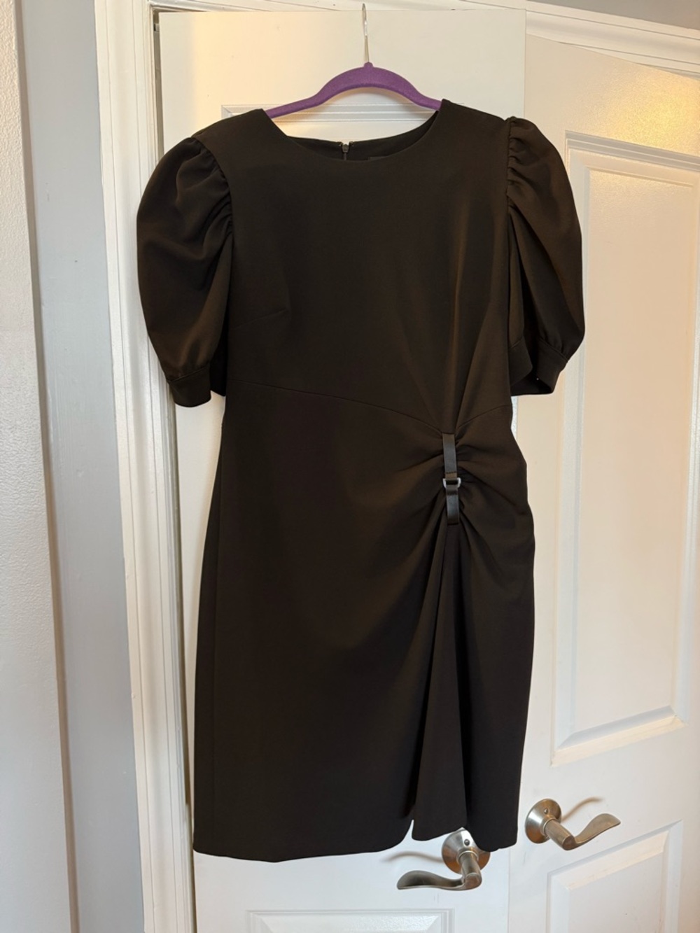 DKNY Black Puff-Sleeve Midi Sheath Dress with Side Drape